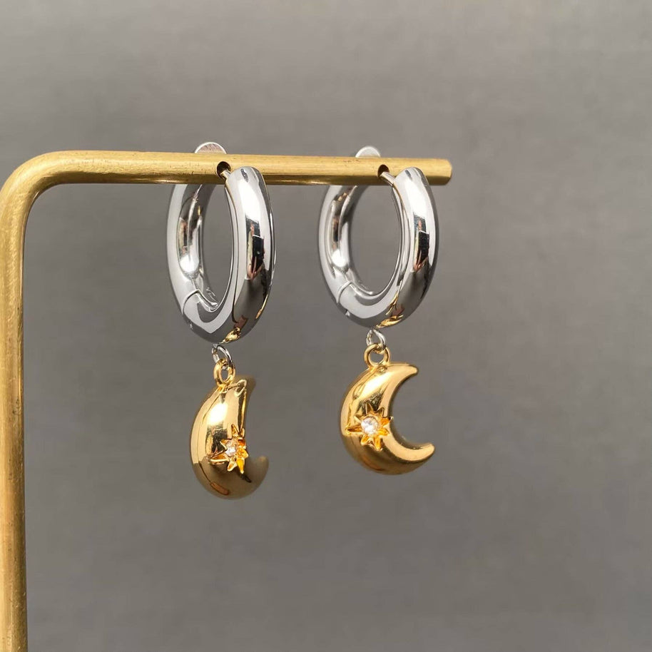 CZ Inlaid Moon 18K GP S. Steel Huggie Earrings