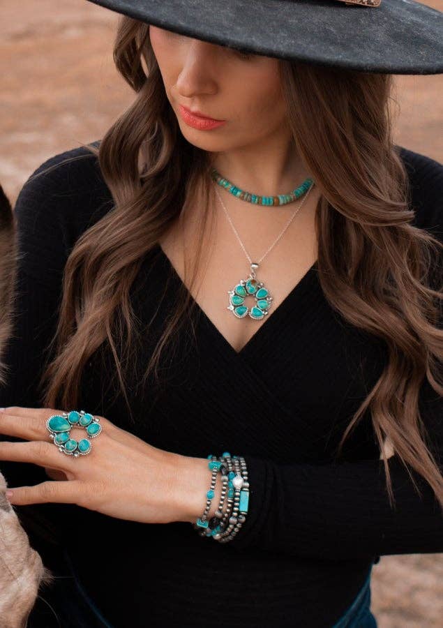Turquoise & Silver Squash Blossom Adjustable Ring
