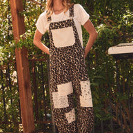 Leopard Printed Patchwork Overall, Plus