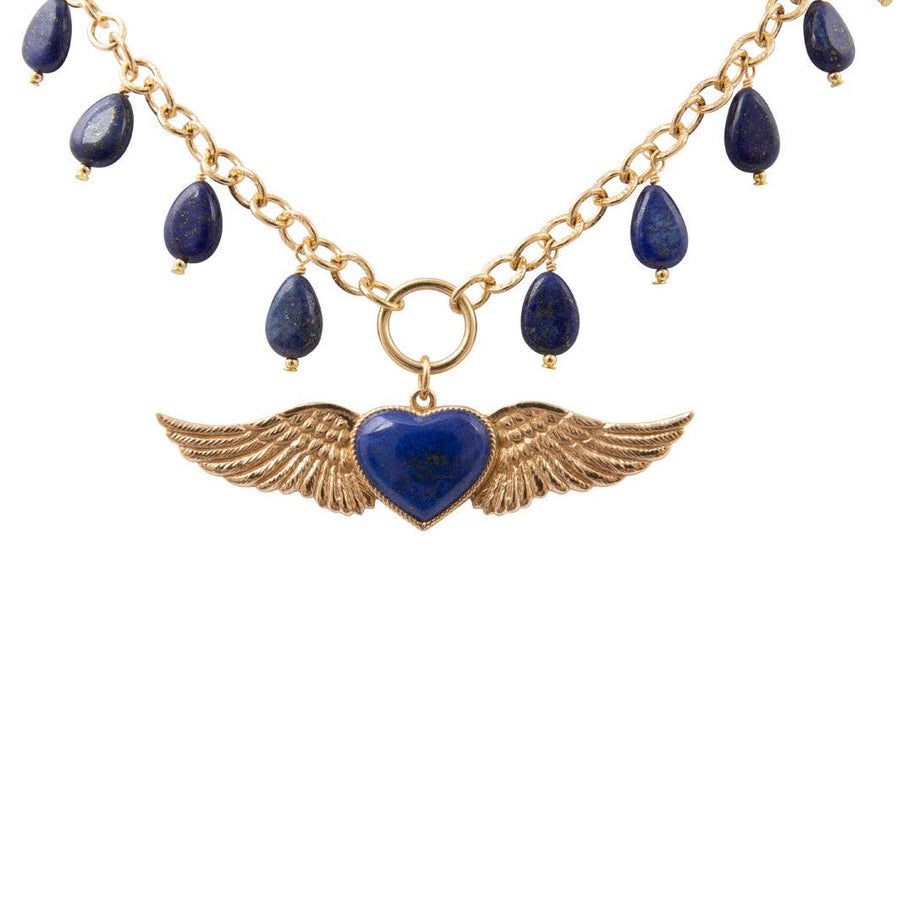 Flying Heart Blue Lapis Golden Pendant Necklace