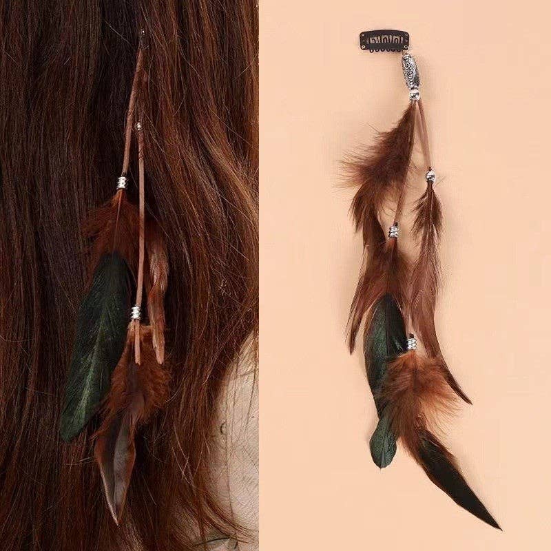 Long Beaded Feather Tassel Hair Clip