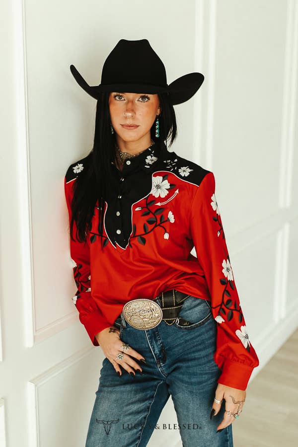 Red Floral Western Yoke Pearl Snap Rodeo Top