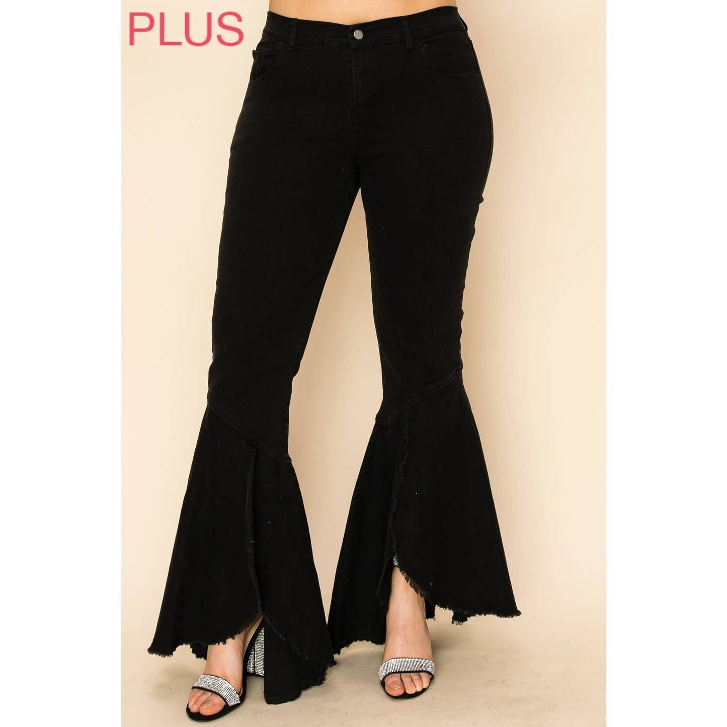 RAW EDGE BELL BOTTOM DENIM PANTS, Curvy Size