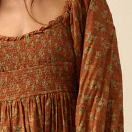 Smocked Floral Bubble-Sleeve Midi Dress, Caramel