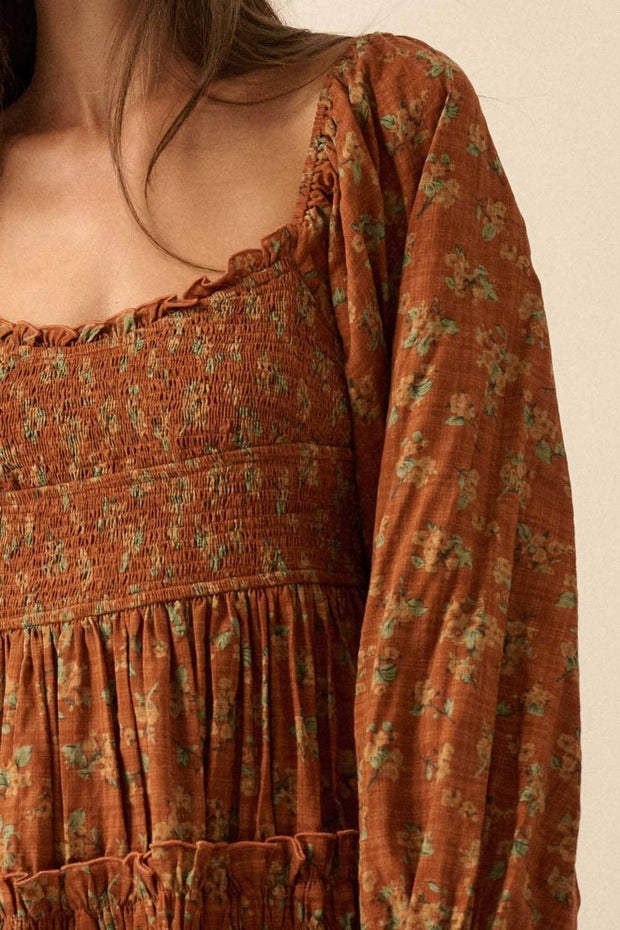 Smocked Floral Bubble-Sleeve Midi Dress, Caramel