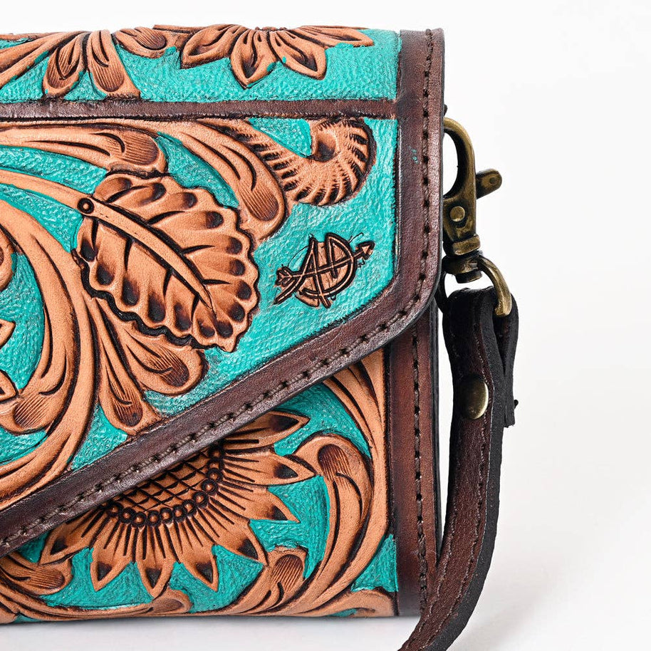 Tooled Leather Envelope Purse/Wallet with Turquoise