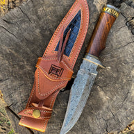 Large Damascus Knife, Round Wood Handle