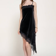 Straight Neck Lace Trim Asymmetrical Velvet Mini Dress