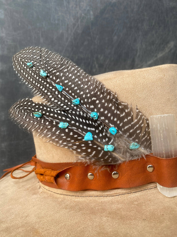 Spotted Guinea Hat Feather with Abalone