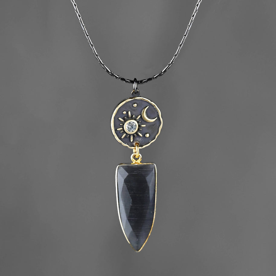 Moon and Star w/ Charcoal Glass Drop Necklace