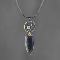 Moon and Star w/ Charcoal Glass Drop Necklace