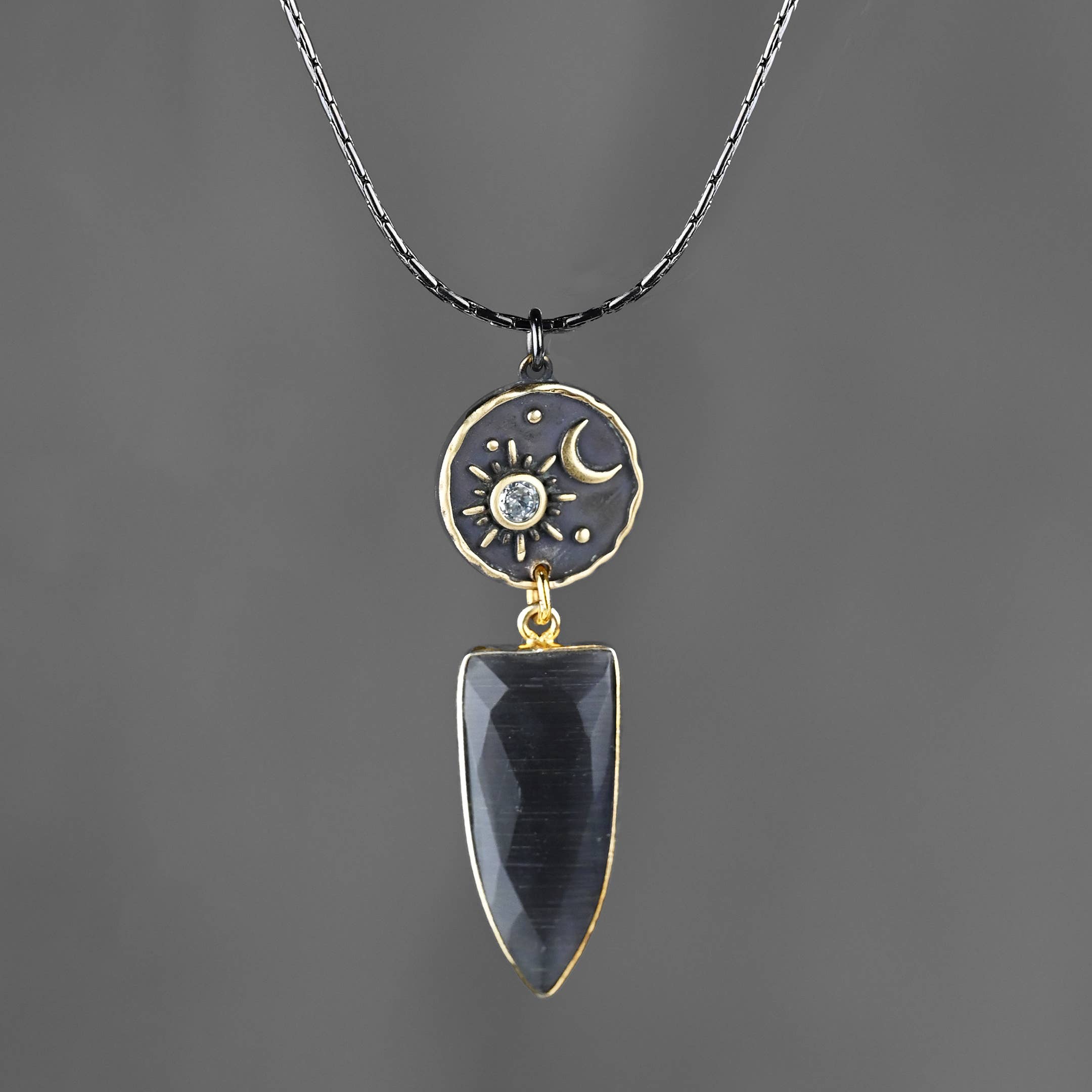 Moon and Star w/ Charcoal Glass Drop Necklace