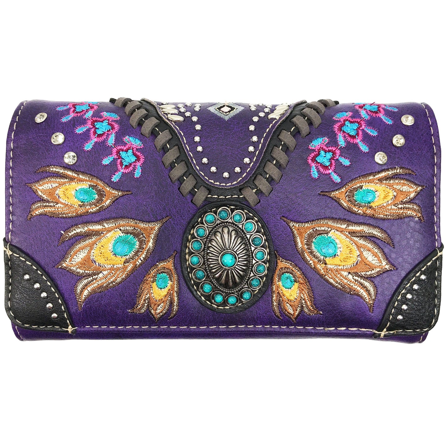 Turquoise Concho Feathers Embroidery Crossbody Wallet