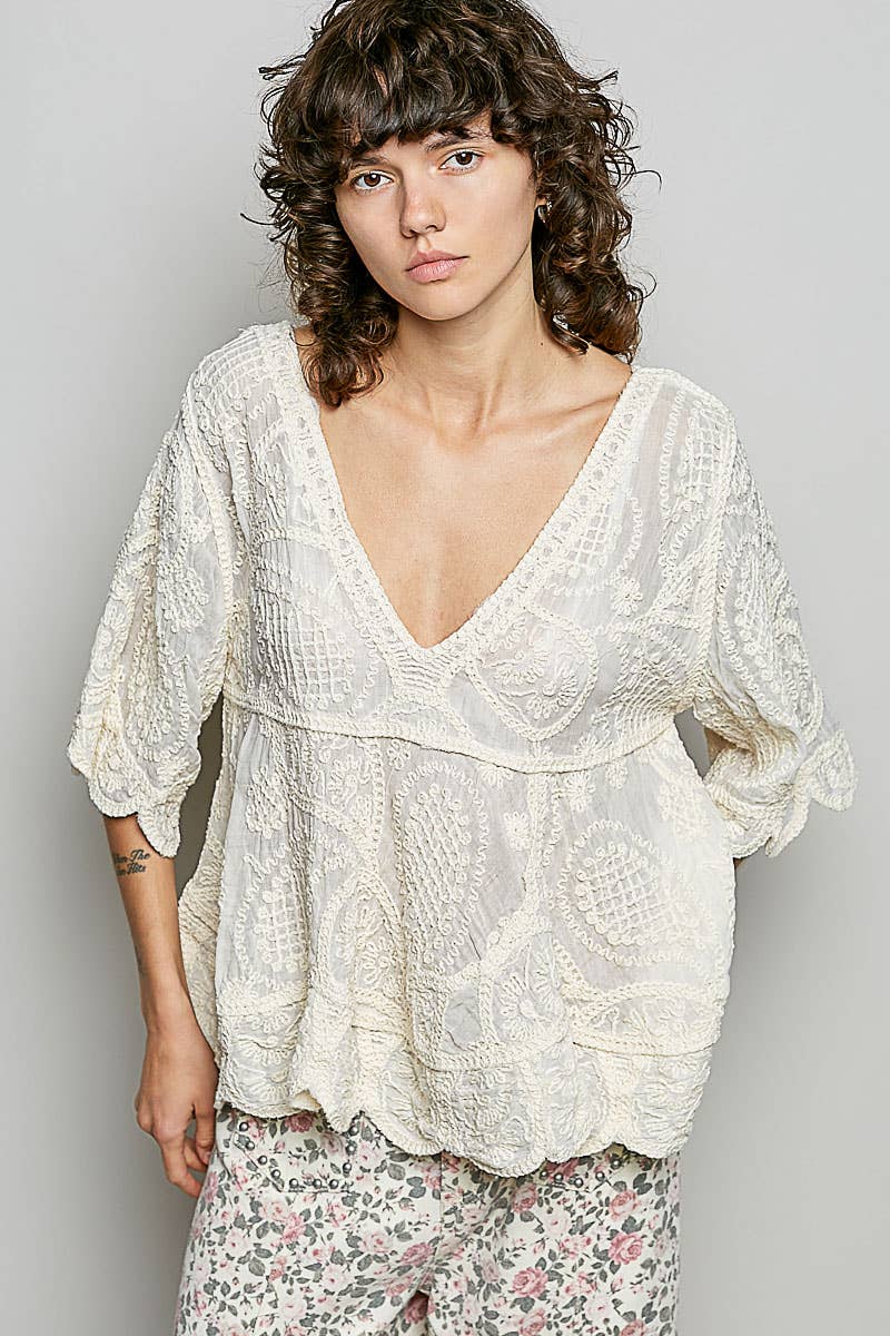 V-neck Solid Crochet Top