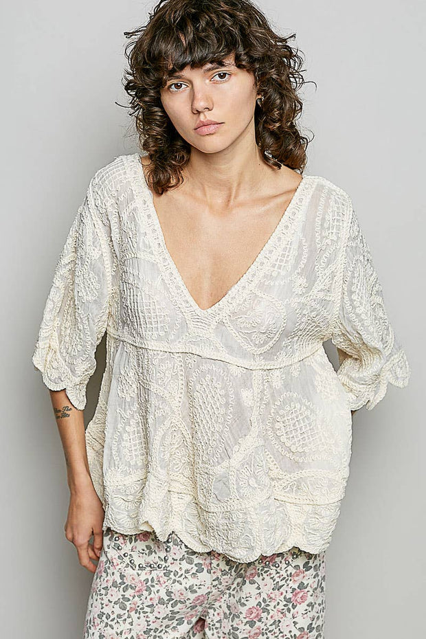 V-neck Solid Crochet Top
