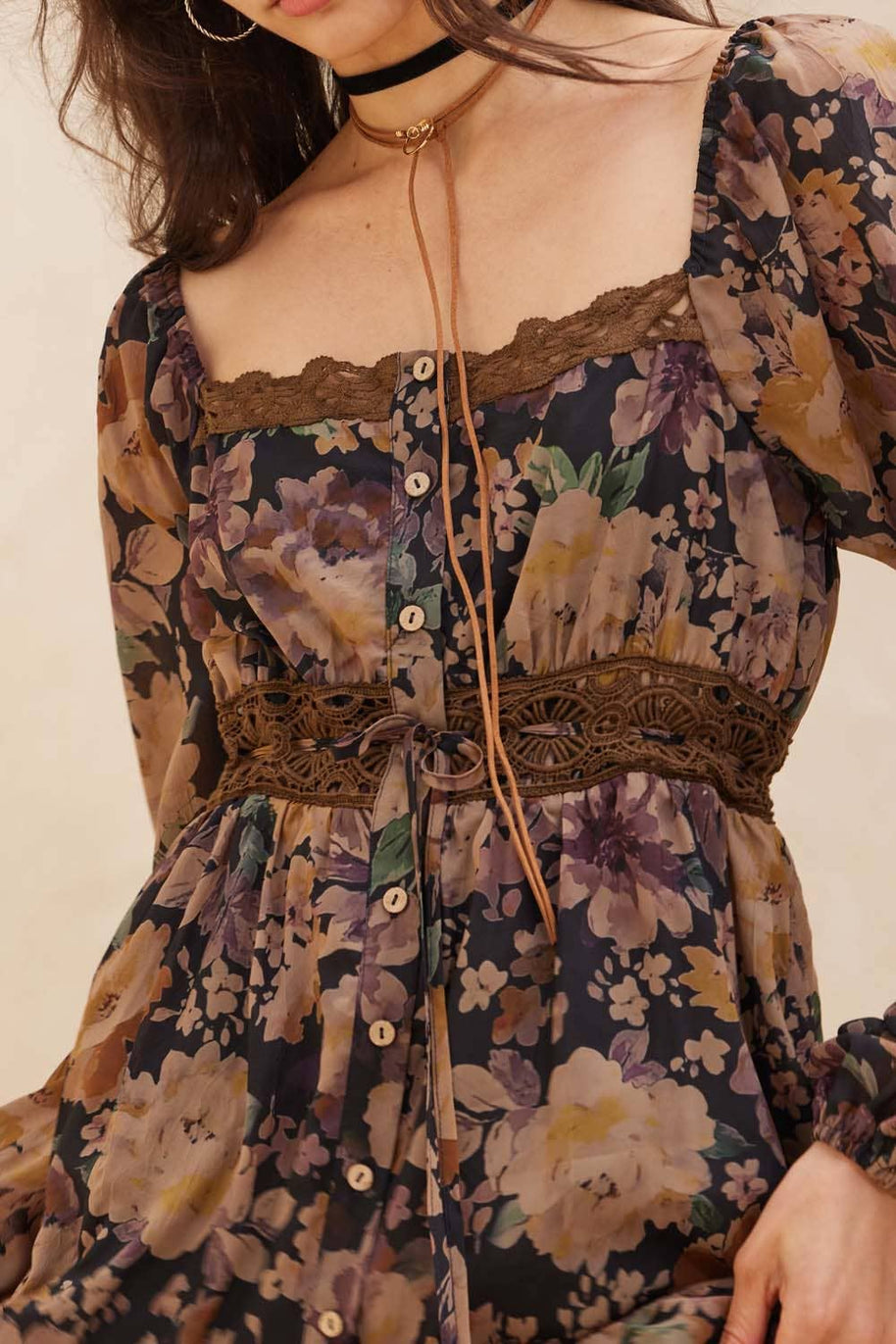Floral Button-Front Maxi Dress, Chocolate