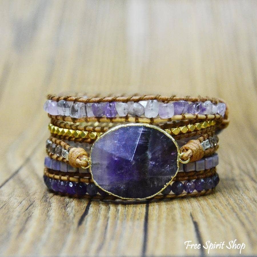 Amethyst Gemstone Leather Wrap Bracelet, Boho Beaded Strap