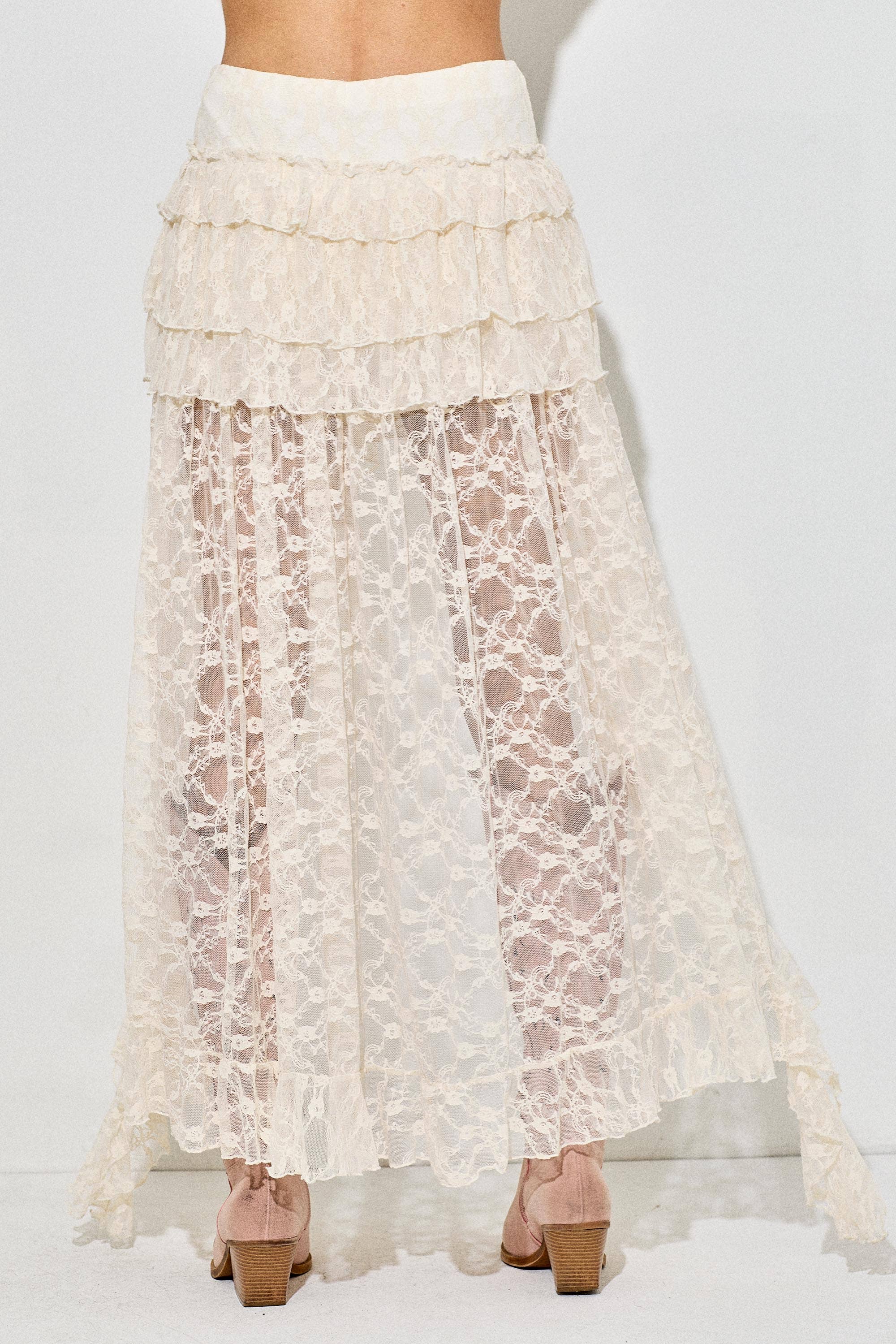 Lace Ruffle High-Low Maxi Skirt