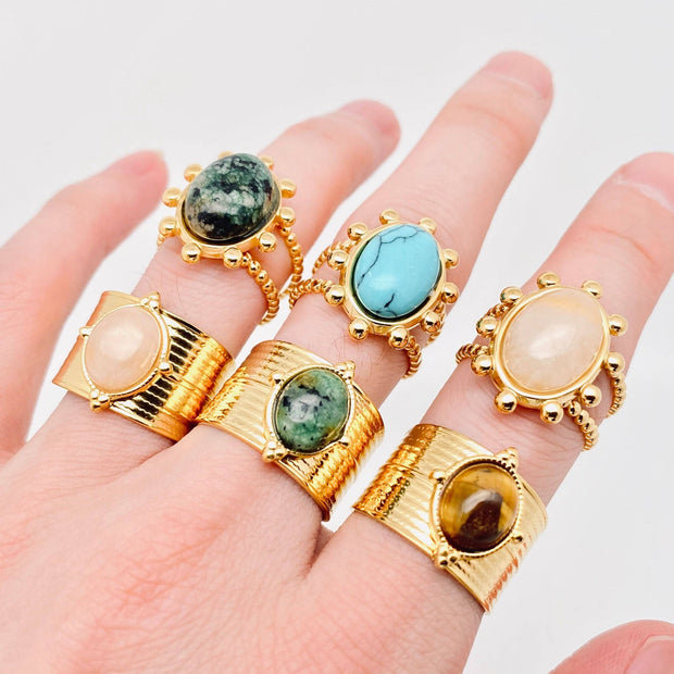 18K Gold Plated Stainless Steel Natural Stone Rings - FGS/CS
