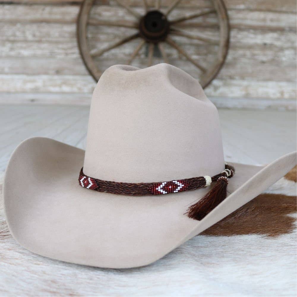Genuine Horsehair 5 Strand Braided Hat Band with Double Tassel - Red Roan