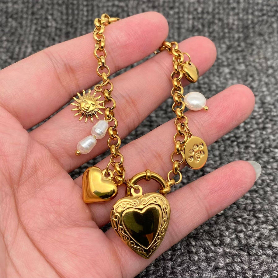 18 GP S.Steel Heart Locket Charm Bracelet