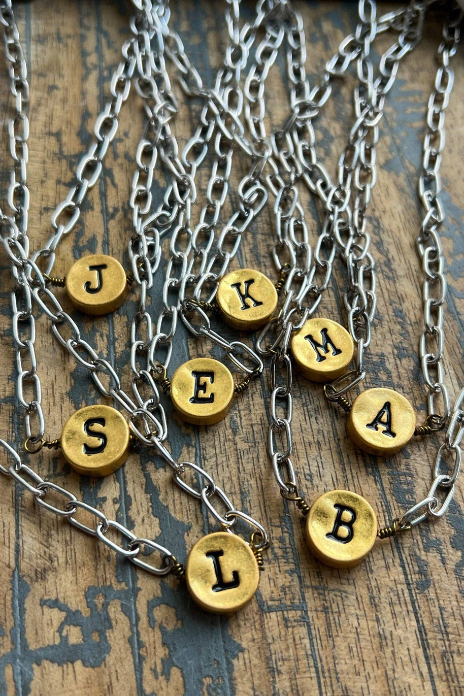 Circle Initial Pendant Necklace TWO TONE