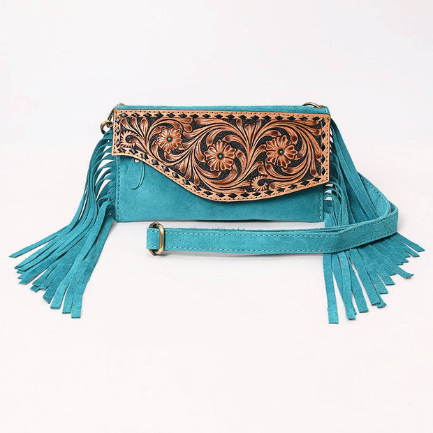 Suede Fringe & Tooled Leather Crossbody, Turquoise