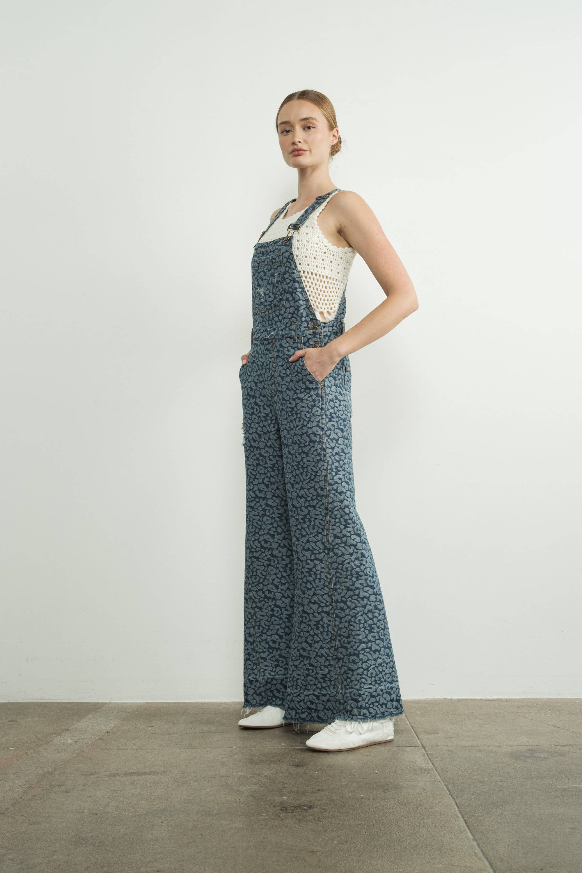 Animal Print Wide Leg Denim Overalls