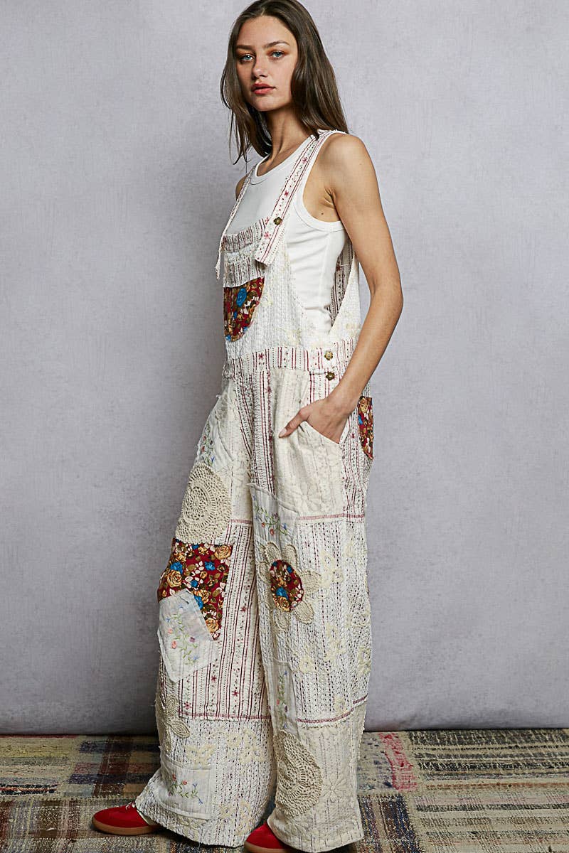 Floral Patchwork Woven Overalls