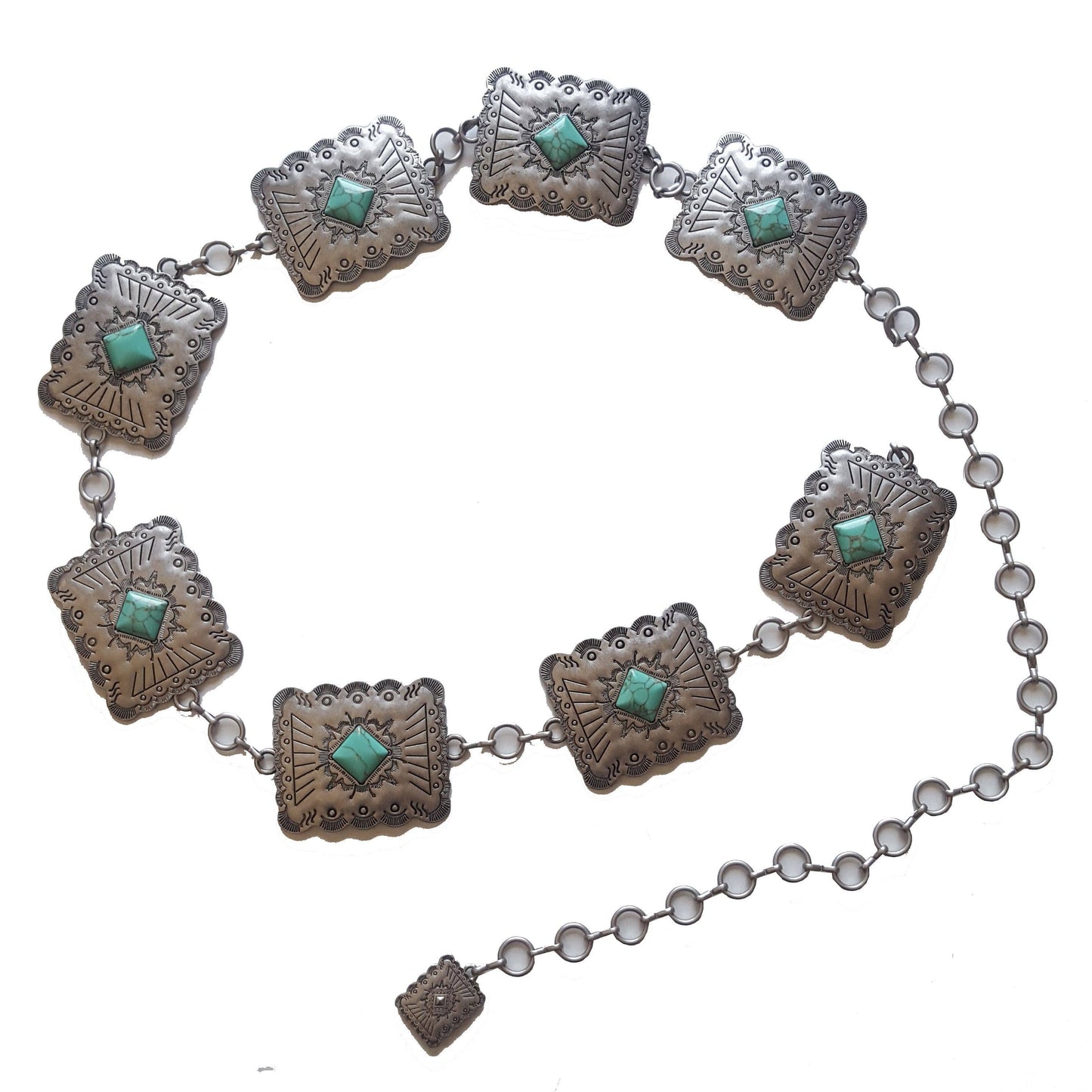 Western Silver Rectangular Concho Chain belt with stones