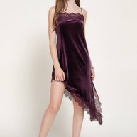 Straight Neck Lace Trim Asymmetrical Velvet Mini Dress
