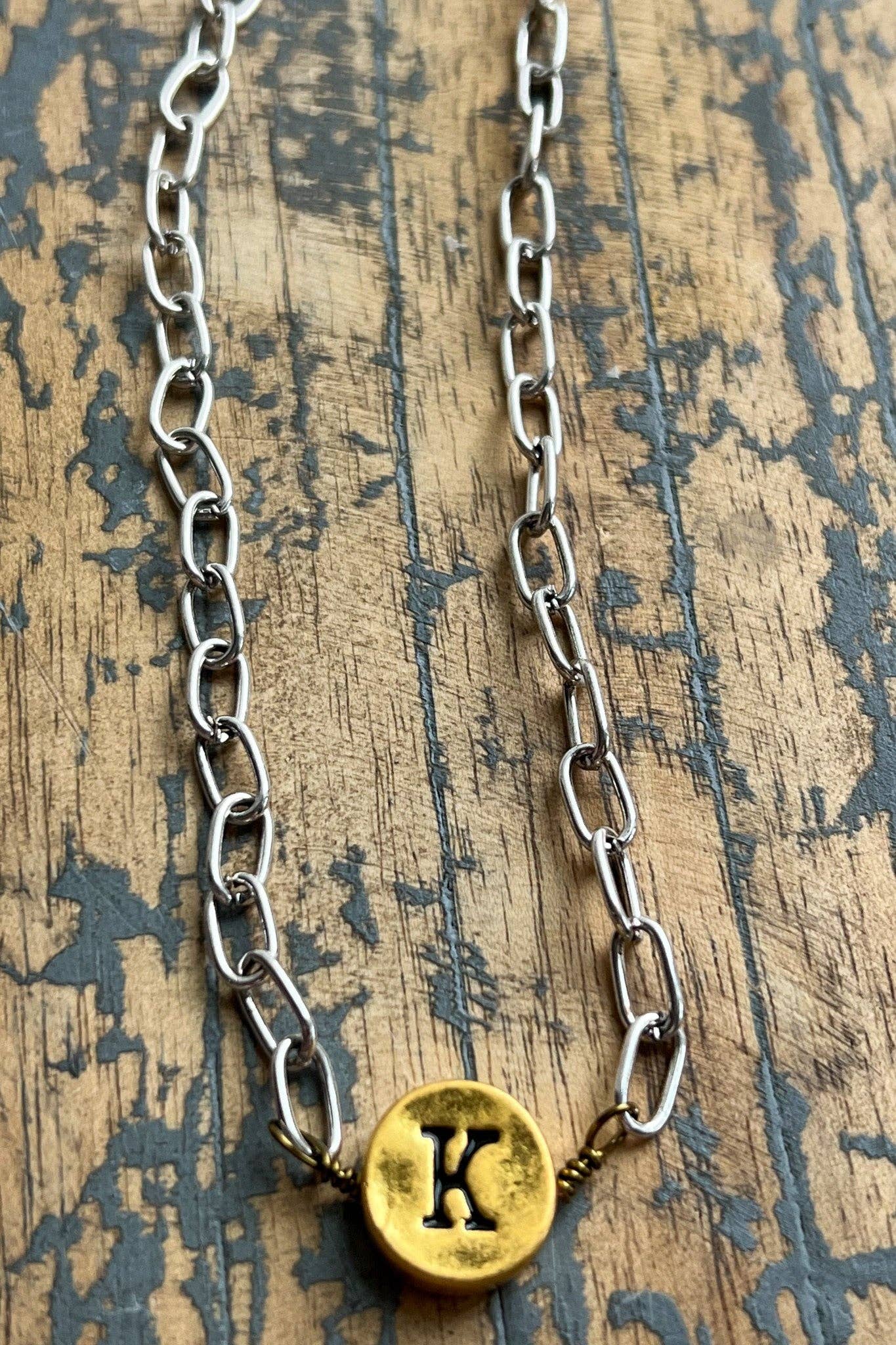 Circle Initial Pendant Necklace TWO TONE
