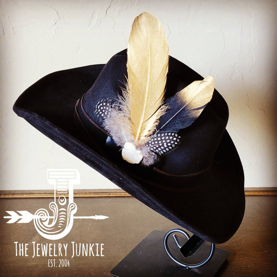 Gold Feather, White Stone & Black Leather Hat Band Only 983h