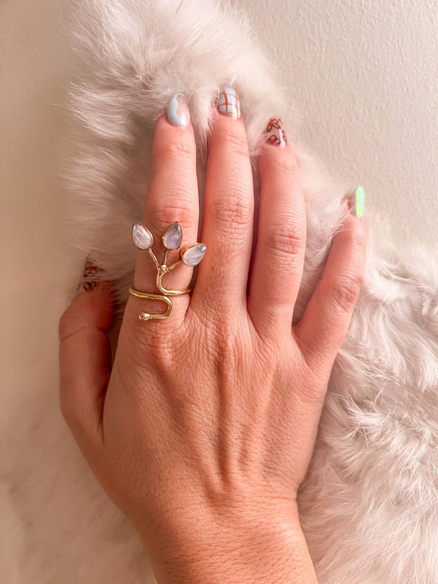 Adjustable Brass Triple Blossom Moonstone Ring