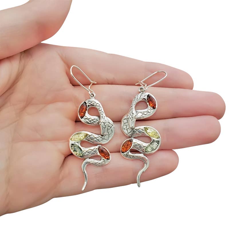 Multi-Color Amber Sterling Silver Snake Earrings on Hooks