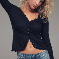 Lace Trim Button-Front Ribbed Knit Top