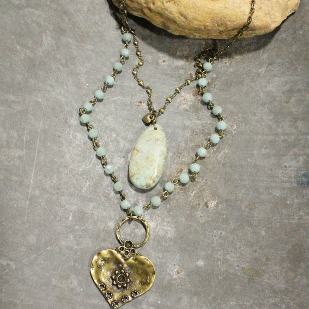 Double Layered Stone & Bronze Heart Drop Necklace