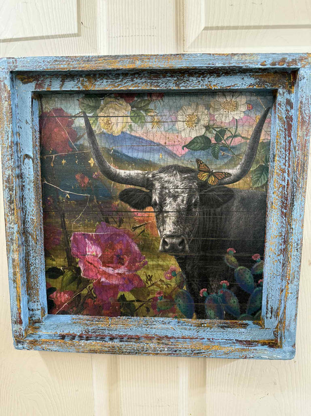 Longhorn with Pretty FLowers - 24" Square Canvas