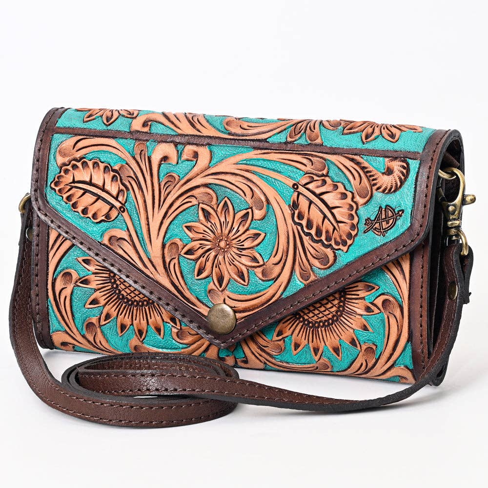Tooled Leather Envelope Purse/Wallet with Turquoise