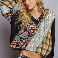 Patwork V-Neck Knit Top