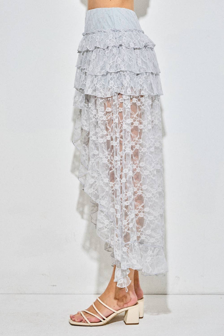 Lace Ruffle Tiered High-Low Maxi Skirt, light blue