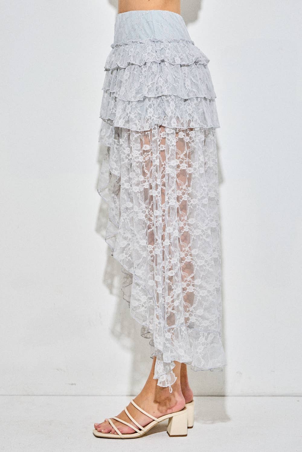 Lace Ruffle Tiered High-Low Maxi Skirt, light blue