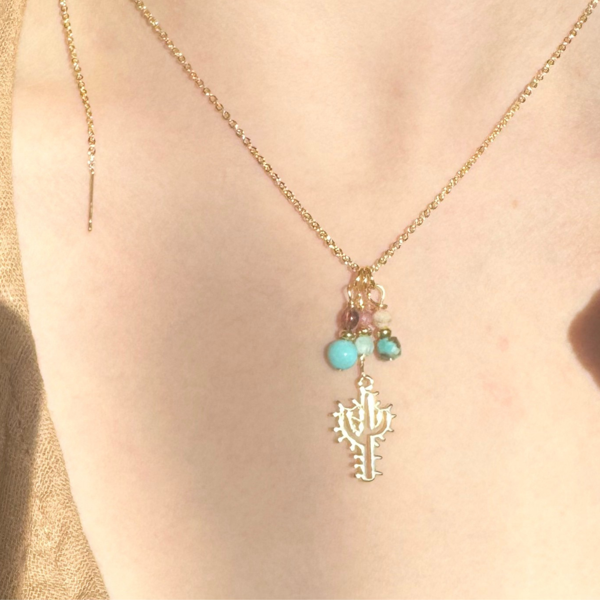 Charma Gold Cactus Necklace with Southwest Stone Bauble Charms