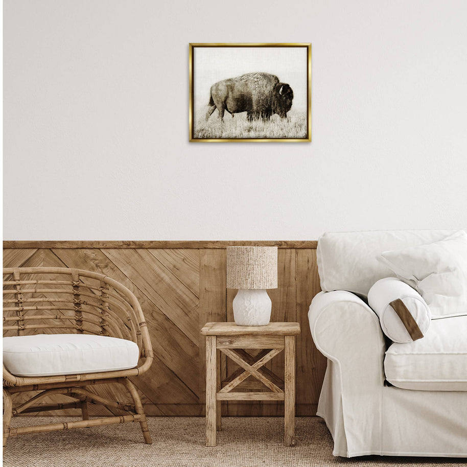 Bison Grazing in Field Floater Framed Art