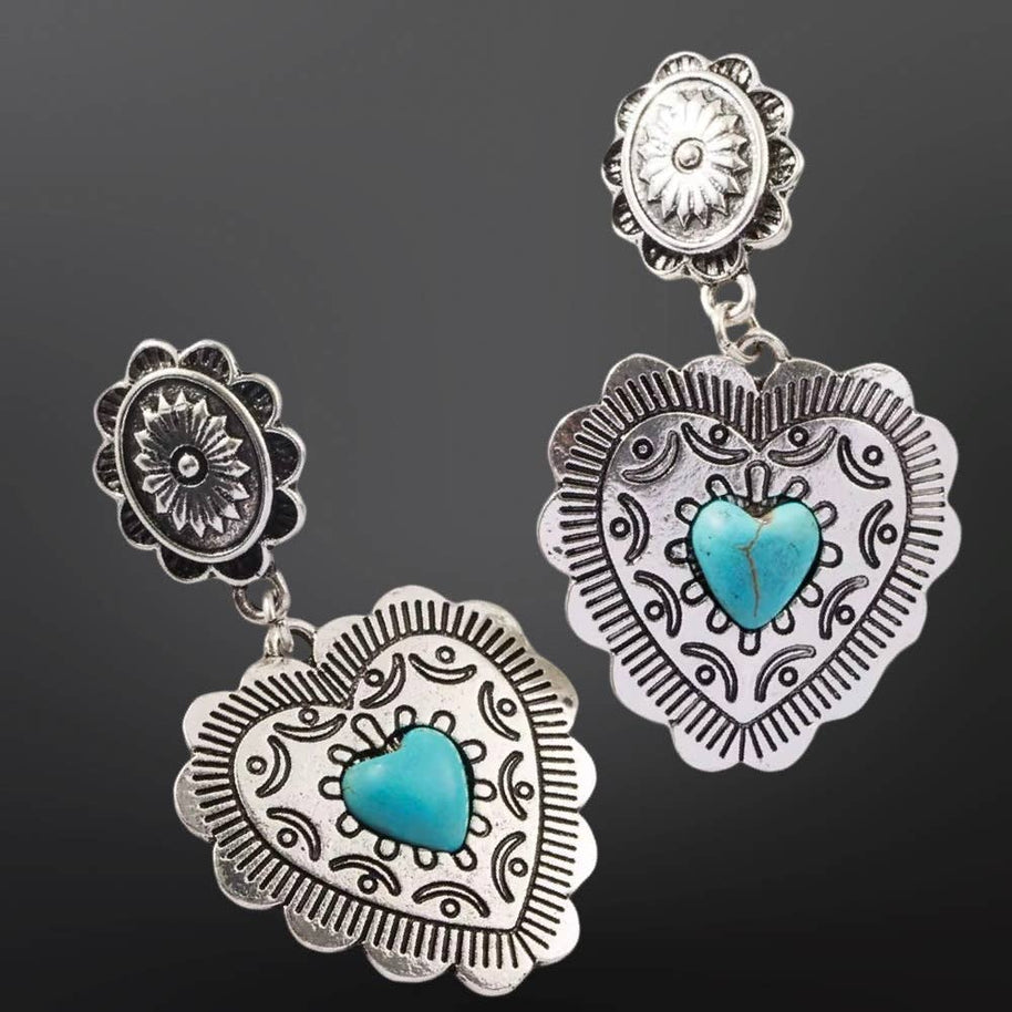 Southwestern Heart Earrings -Faux Turquoise or White Buffalo