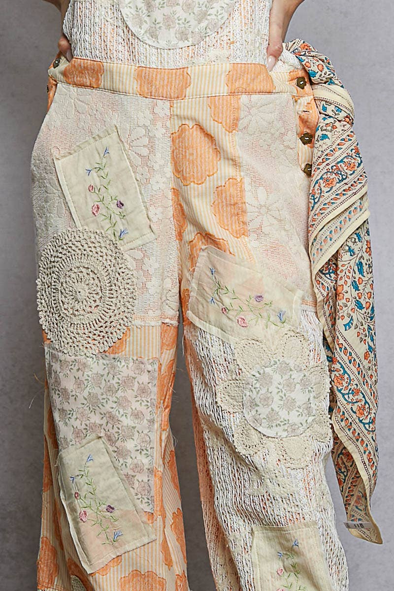 Floral Patchwork Woven Overalls