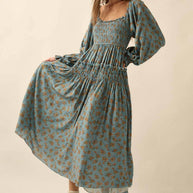 Smocked Floral Bubble-Sleeve Midi Dress, Blue