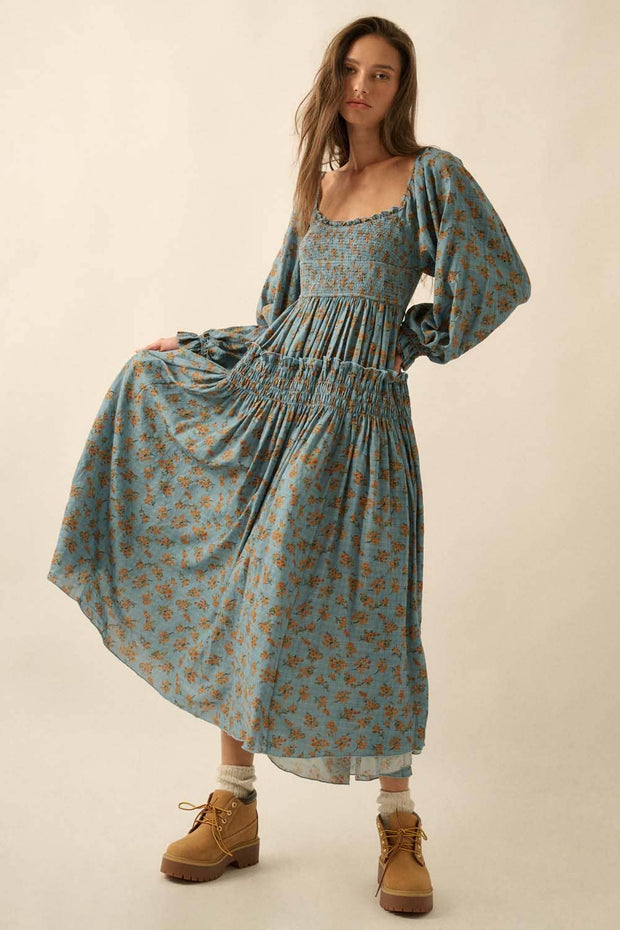 Smocked Floral Bubble-Sleeve Midi Dress, Blue