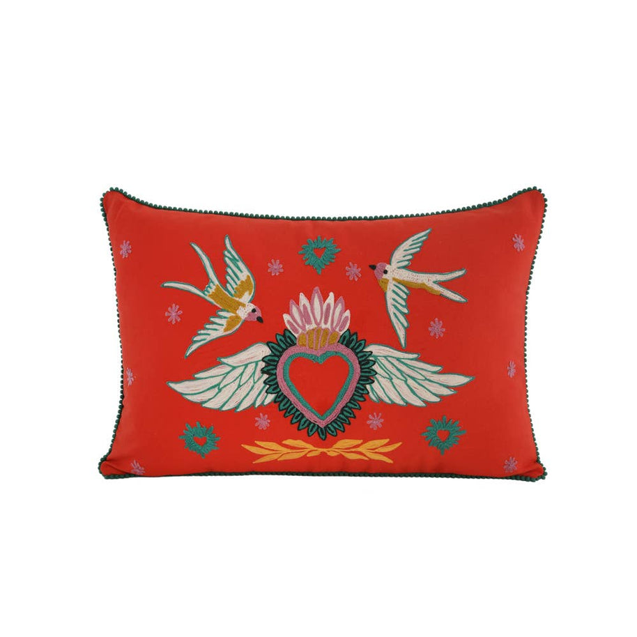 Embroidered Bird Red Pillow