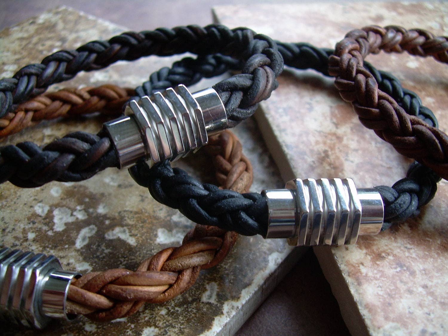 Thick Braided Leather Bracelet with Magnetic Clasp